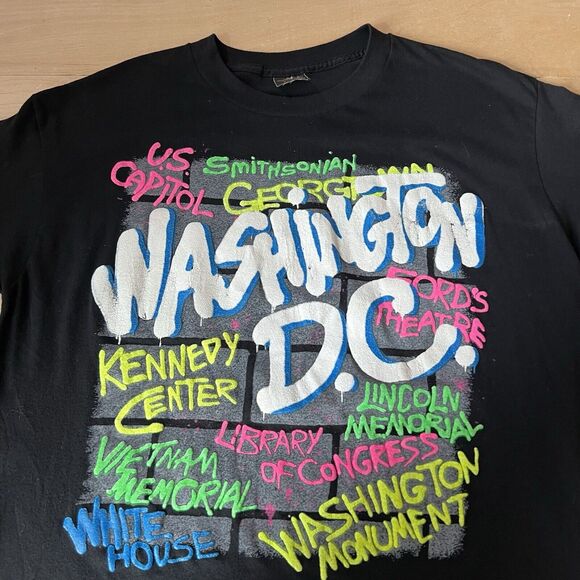 Vintage Washington DC Shirt Large Black 80s DMV Spray Paint Graffiti Memorial - Picture 3 of 7